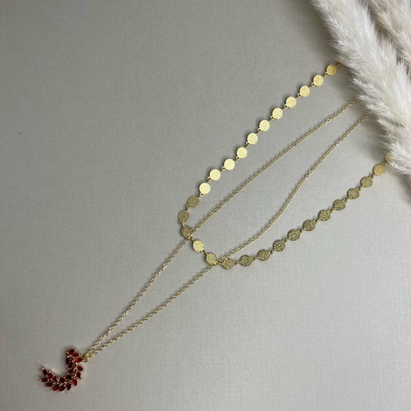 Romantic Gold & Red Cubic Zirconia Leaf Pendant Necklace Set - Glam Necklace - Picture 3 of 9